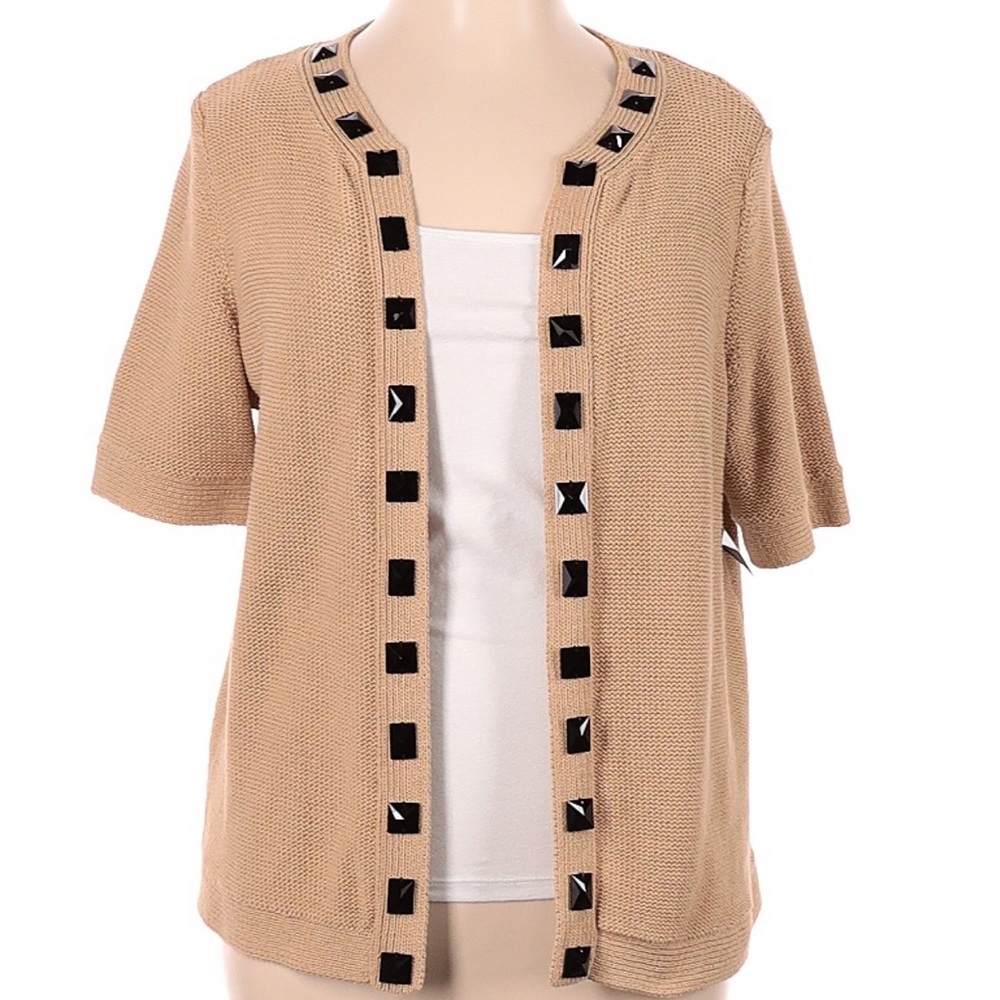 Evan Picone Tan Short Sleeve Cotton Embellished Cardigan 1X